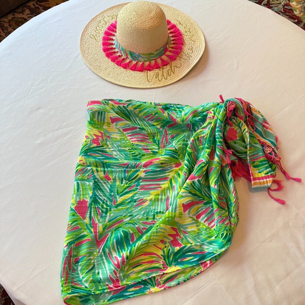 Lilly Pulitzer Palm Leaf  Scarf-Wrap-Swim Cover-Up Multi Color Fringe - Picture 15 of 15